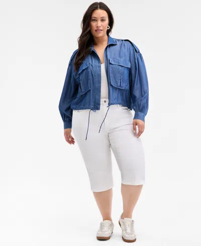 On 34th Trendy Plus Size Chambray Cropped Jacket, Exclusively At Macy's In Blue