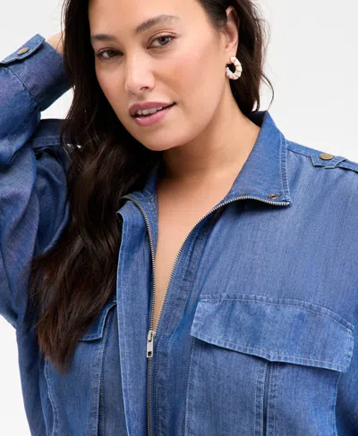 On 34th Trendy Plus Size Chambray Cropped Jacket, Exclusively At Macy's In Blue