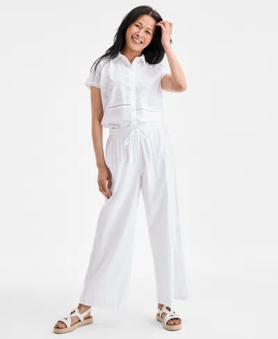 Style & Co Women's Cotton Eyelet Pull-on Wide-leg Pants, Exclusively At Macy's In White