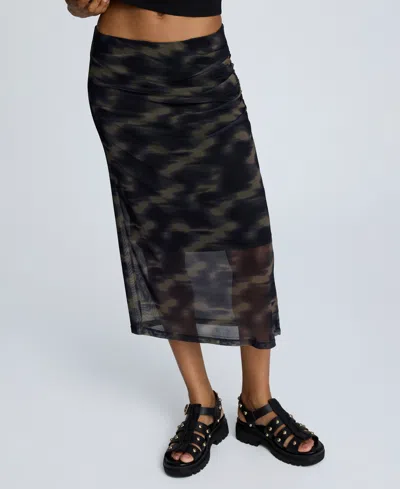 Kenneth Cole Printed Mesh Pull-on Side Ruched Midi Skirt
