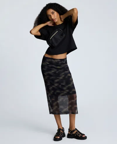 Kenneth Cole Printed Mesh Pull-on Side Ruched Midi Skirt