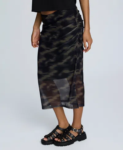 Kenneth Cole Printed Mesh Pull-on Side Ruched Midi Skirt