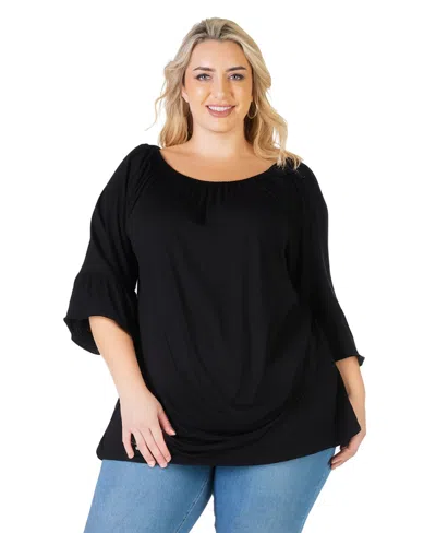 24seven Comfort Apparel Plus Size Long Bell Sleeve Flared Tunic Top In Black