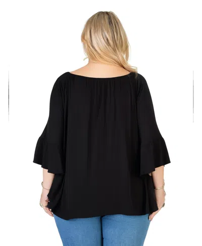 24seven Comfort Apparel Plus Size Long Bell Sleeve Flared Tunic Top In Black