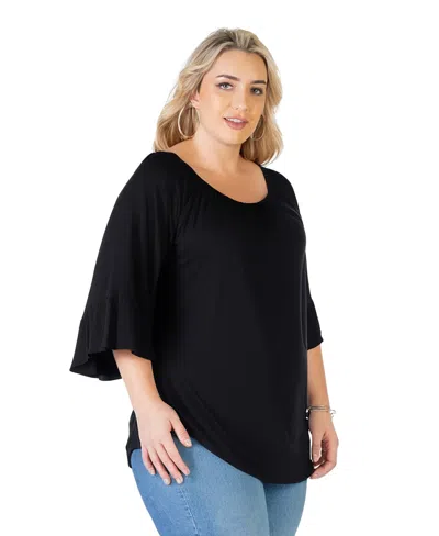 24seven Comfort Apparel Plus Size Long Bell Sleeve Flared Tunic Top In Black