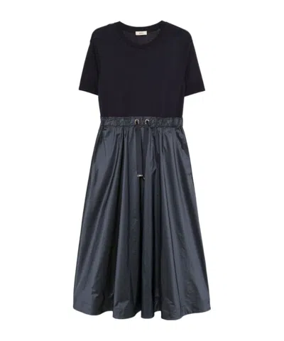 Herno Blue Crewneck Midi Dress With Elastic Drawstring Waist And Panelled Design In Multicolor