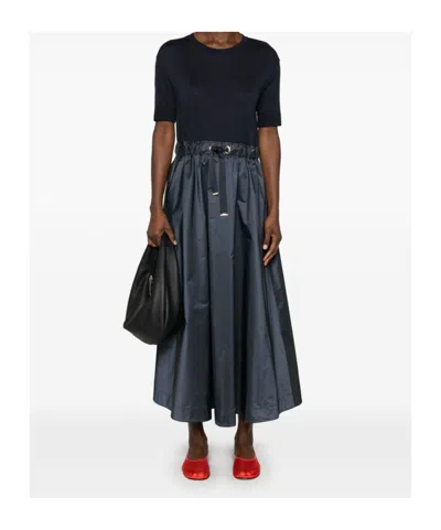 Herno Blue Crewneck Midi Dress With Elastic Drawstring Waist And Panelled Design In Multicolor