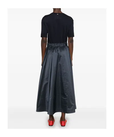 Herno Blue Crewneck Midi Dress With Elastic Drawstring Waist And Panelled Design In Multicolor