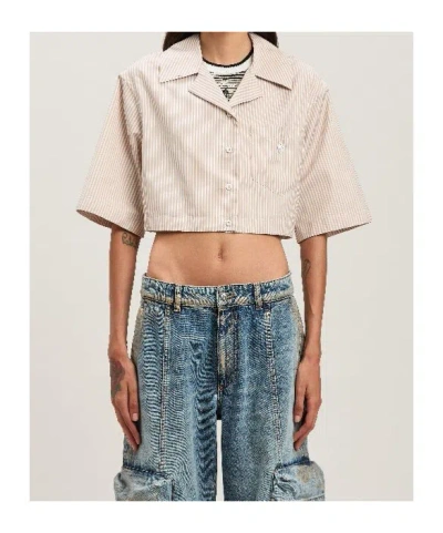 Palm Angels Curved Logo Cropped Shirt Camel - Off Wh In Neutral