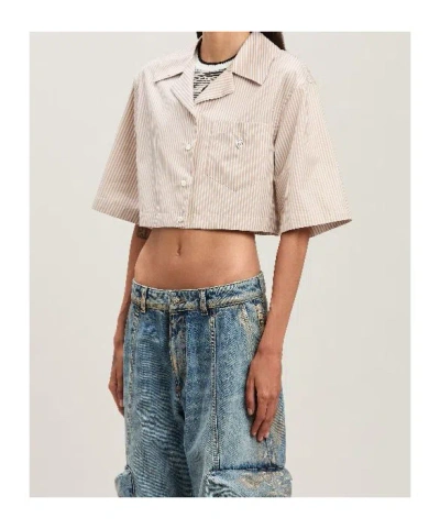 Palm Angels Curved Logo Cropped Shirt Camel - Off Wh In Neutral