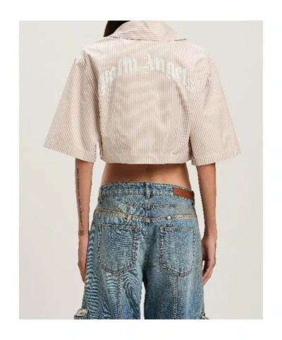 Palm Angels Curved Logo Cropped Shirt Camel - Off Wh In Neutral
