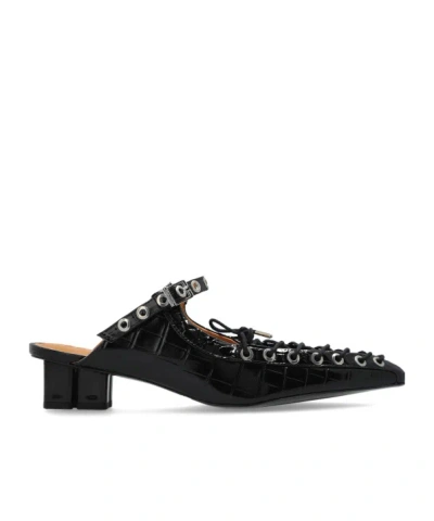 Ganni Laced Block Heel Mules With Eyelet Detailing In Black