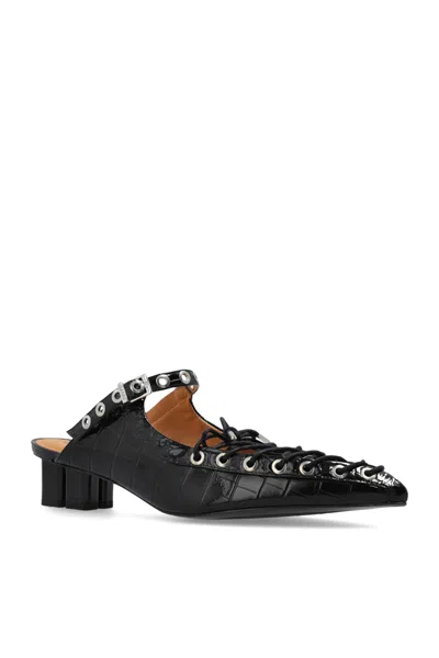 Ganni Laced Block Heel Mules With Eyelet Detailing In Black