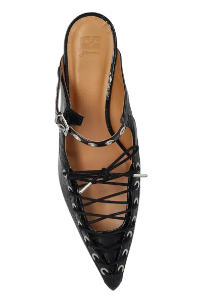 Ganni Laced Block Heel Mules With Eyelet Detailing In Black