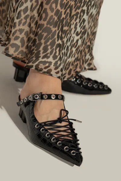 Ganni Laced Block Heel Mules With Eyelet Detailing In Black