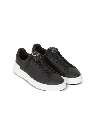 Balmain Round Toe Leather Sneakers With Flat Rubber Sole In Black