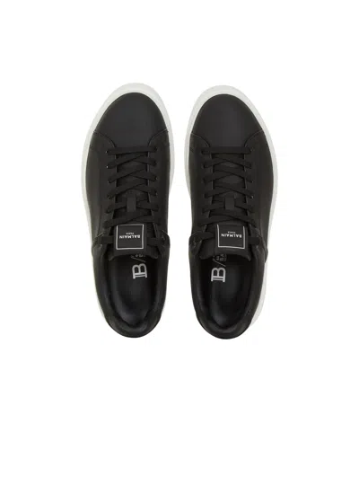 Balmain Round Toe Leather Sneakers With Flat Rubber Sole In Black