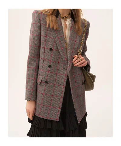 Chloé Black/white Checkered Wool Double-breasted Blazer In Gray