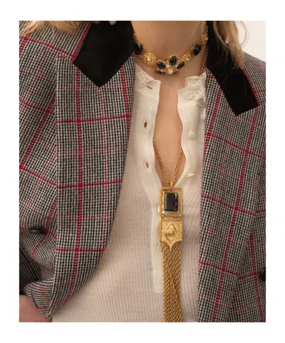 Chloé Black/white Checkered Wool Double-breasted Blazer In Gray