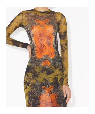 Jean Paul Gaultier Mesh Crew Neck Catsuit Printed Medaillon In Green