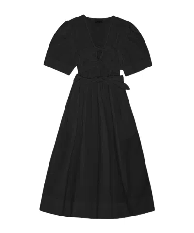 Ganni Belted Bow-embellished Stretch-cotton Poplin Midi Dress In Black