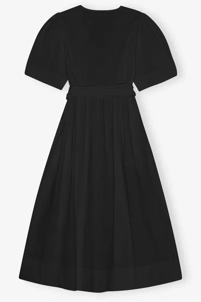 Ganni Belted Bow-embellished Stretch-cotton Poplin Midi Dress In Black