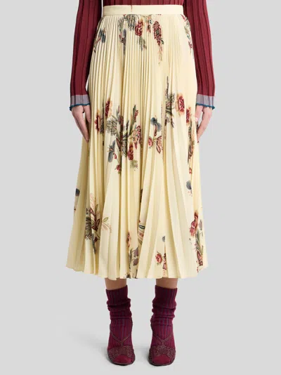 Etro Pleated Midi Skirt With Floral Print In Yellow