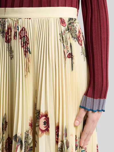 Etro Pleated Midi Skirt With Floral Print In Yellow
