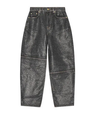 Ganni Wide Leg Trousers Metallic Finish Pockets In Black