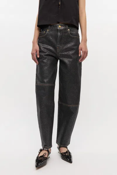Ganni Wide Leg Trousers Metallic Finish Pockets In Black