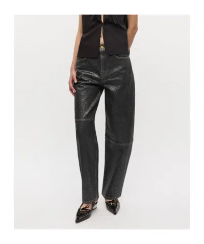 Ganni Wide Leg Trousers Metallic Finish Pockets In Black