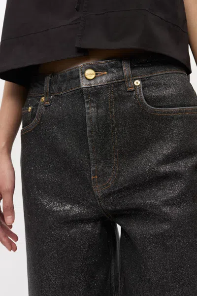 Ganni Wide Leg Trousers Metallic Finish Pockets In Black