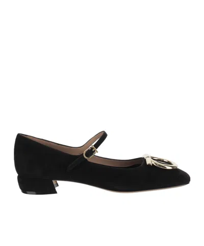 Ferragamo Suede Gancini Heeled Ballerina With Gold Hardware In Black