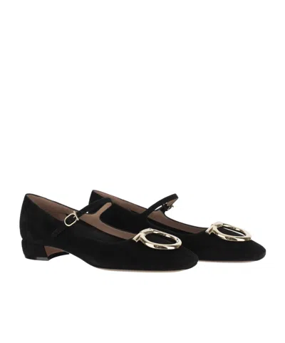 Ferragamo Suede Gancini Heeled Ballerina With Gold Hardware In Black