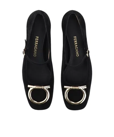 Ferragamo Suede Gancini Heeled Ballerina With Gold Hardware In Black