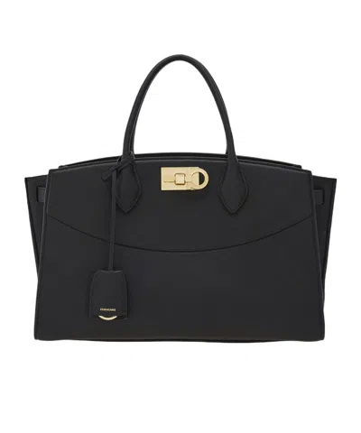 Ferragamo Black Handbag With Adjustable And Removable Shoulder Strap And Gancini Turn-lock Closure In Grained  In Black