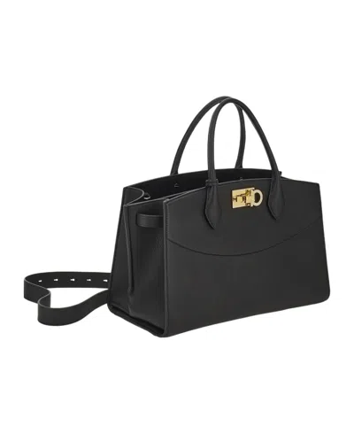 Ferragamo Black Handbag With Adjustable And Removable Shoulder Strap And Gancini Turn-lock Closure In Grained  In Black