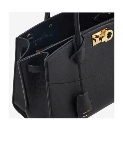 Ferragamo Black Handbag With Adjustable And Removable Shoulder Strap And Gancini Turn-lock Closure In Grained  In Black