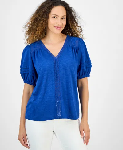 Style & Co Petite Mixed Trim Top, Exclusively At Macy's In Blue