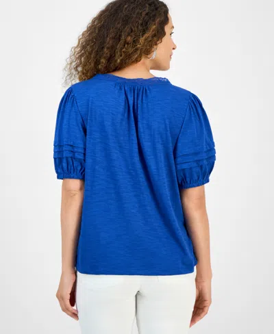 Style & Co Petite Mixed Trim Top, Exclusively At Macy's In Blue