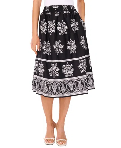 Cece Women's Smocked-waist Border-print Midi Skirt In Black