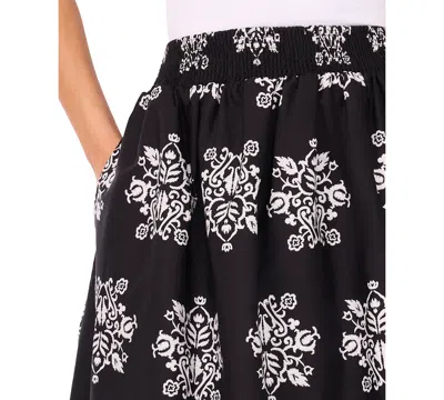 Cece Women's Smocked-waist Border-print Midi Skirt In Black