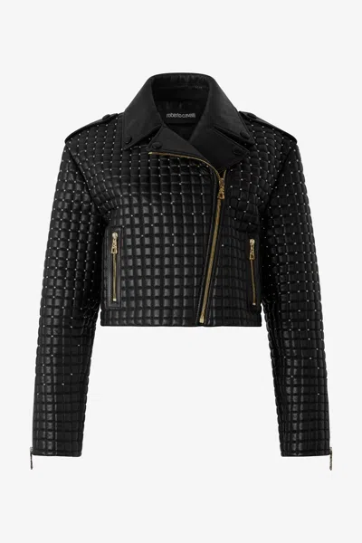 Roberto Cavalli Cropped Jacket With 3d Quilting Effect In Black
