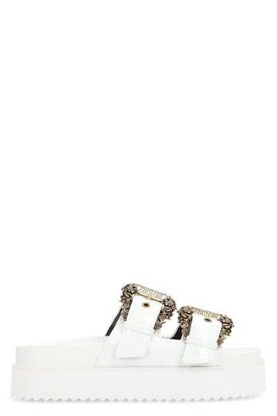 Versace Jeans Couture White Baroque Buckle Arizona Flat Sandals In White