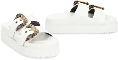 Versace Jeans Couture White Baroque Buckle Arizona Flat Sandals In White