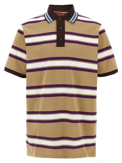 Gucci Beige Polo Shirt With Logo Imprinted On The Front And All-over Striped Motif In Cotton Man In Multi