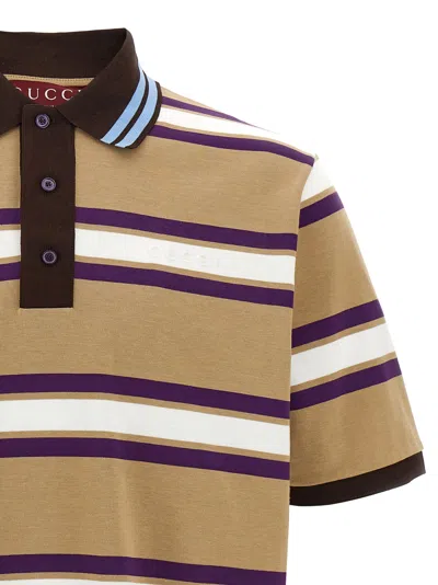 Gucci Beige Polo Shirt With Logo Imprinted On The Front And All-over Striped Motif In Cotton Man In Multi