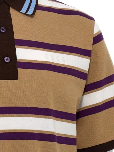 Gucci Beige Polo Shirt With Logo Imprinted On The Front And All-over Striped Motif In Cotton Man In Multi