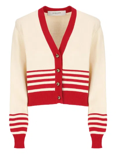 Golden Goose Beige Cardigan With Red Stripes