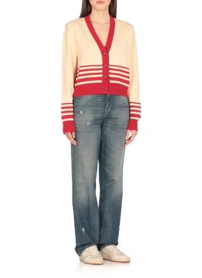 Golden Goose Beige Cardigan With Red Stripes
